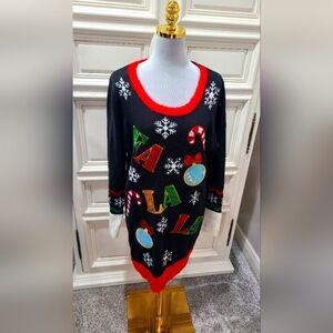 United States Sweaters Festive Black Holiday Sweater Dress with Red Trim XL